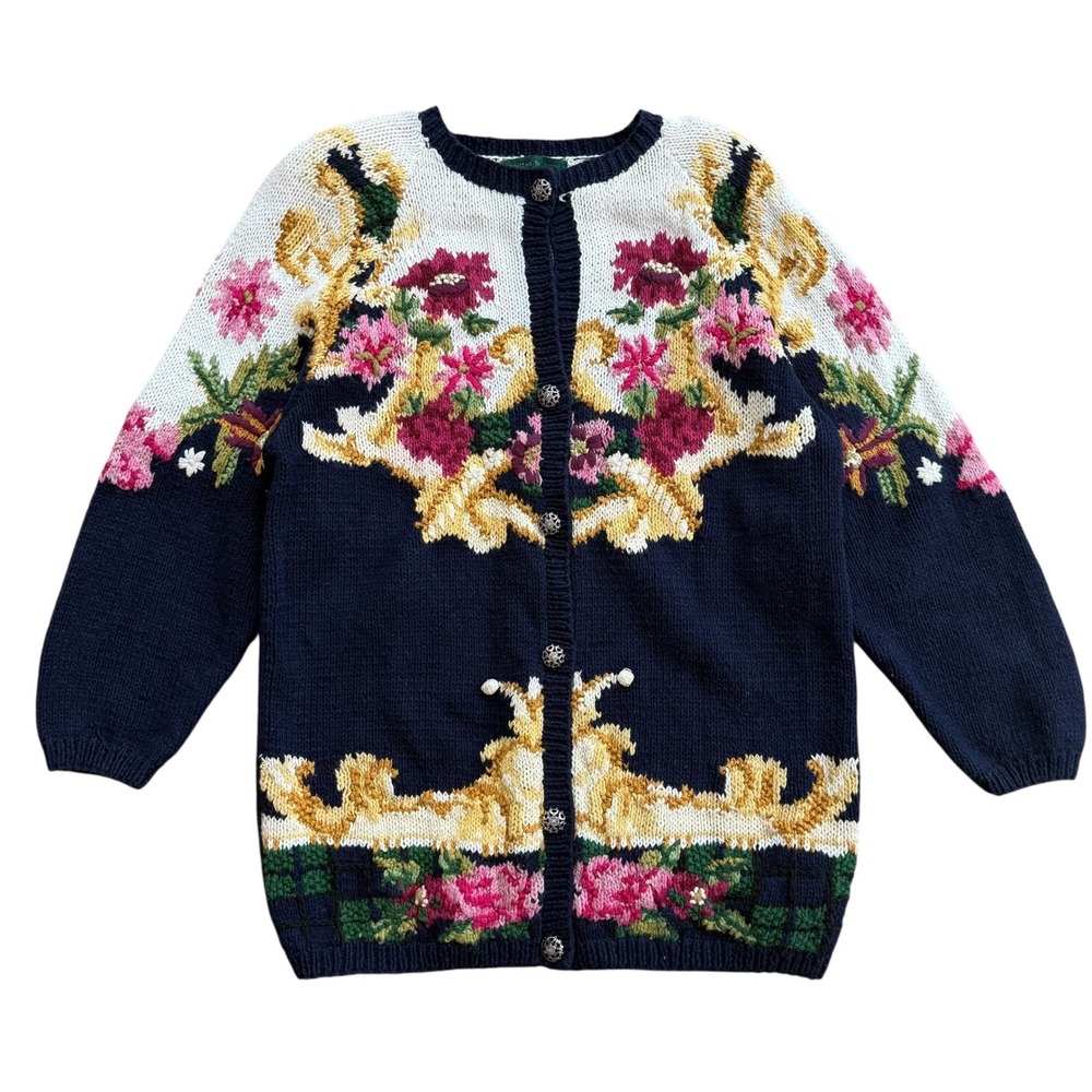 Cullinane Hand Knitted Floral Cardigan Navy Blue Pink Gold Ramie Cotton Womens M